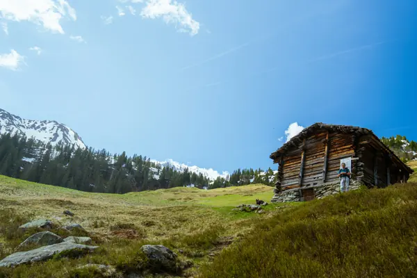 Chalet d'alpage en bois sous un ciel bleu, sommets enneigés en fond