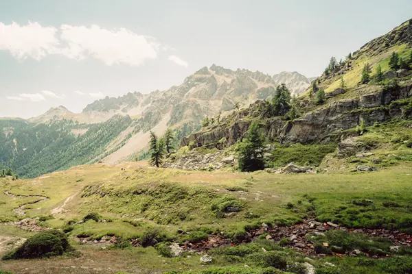 Vallée de montagne verdoyante entourée de sommets